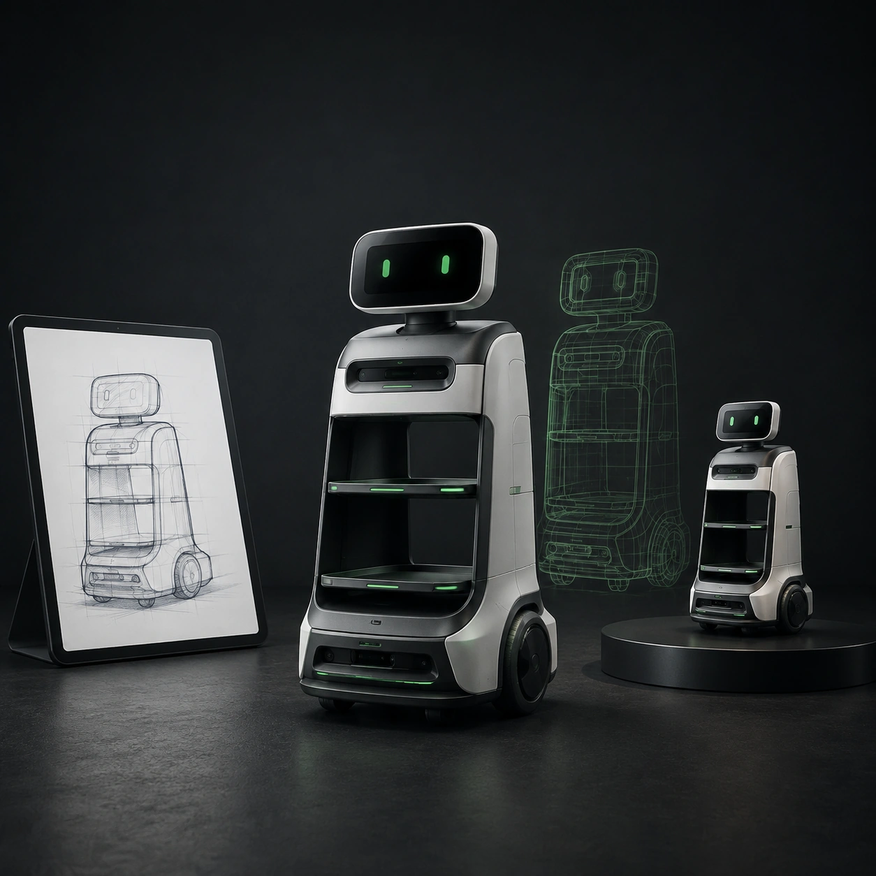 AI 3D workflow showing a concept sketch, wireframe model, and finished rover on a maker desk