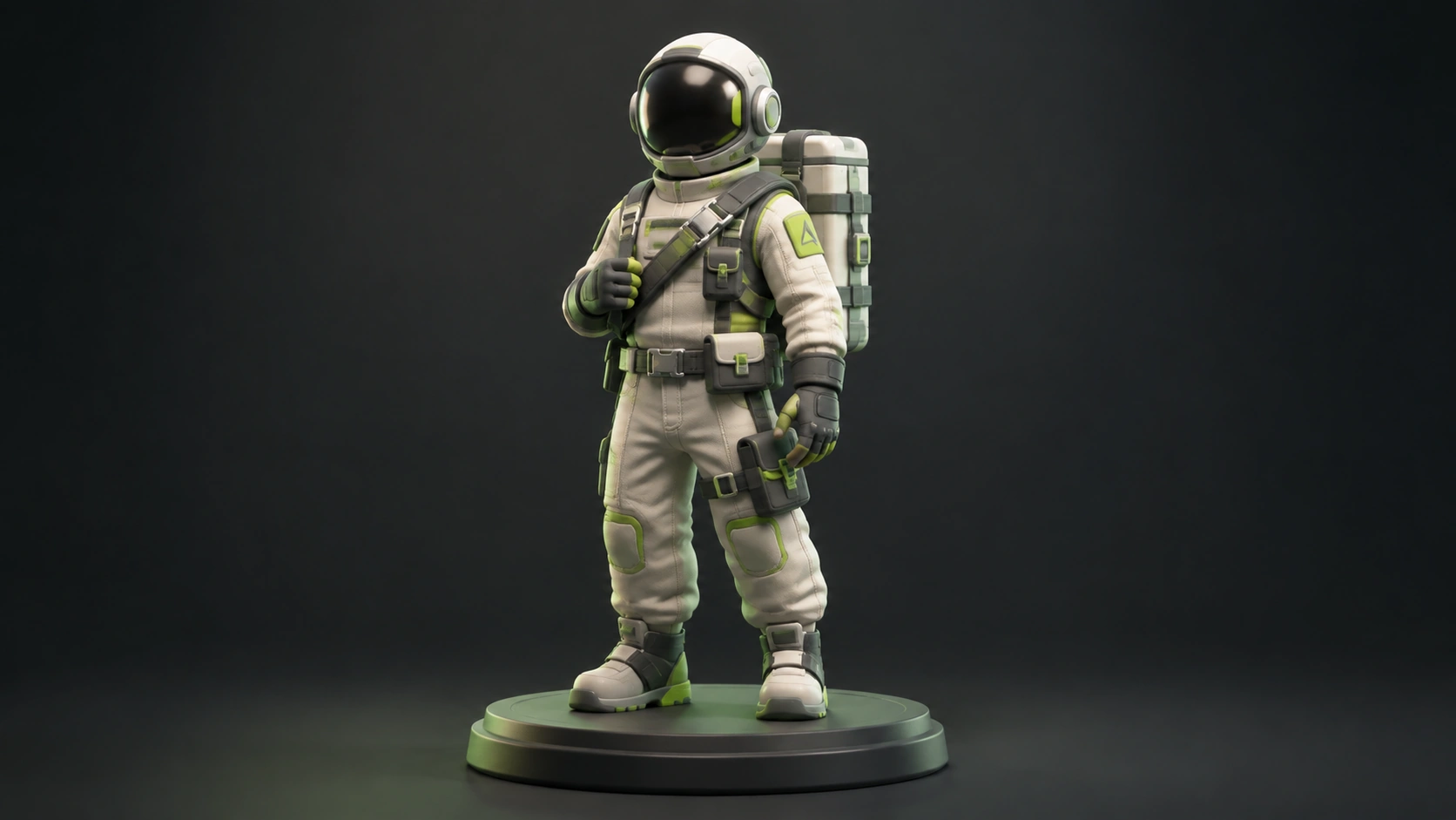 Stylized astronaut courier figurine with a backpack on a display plinth