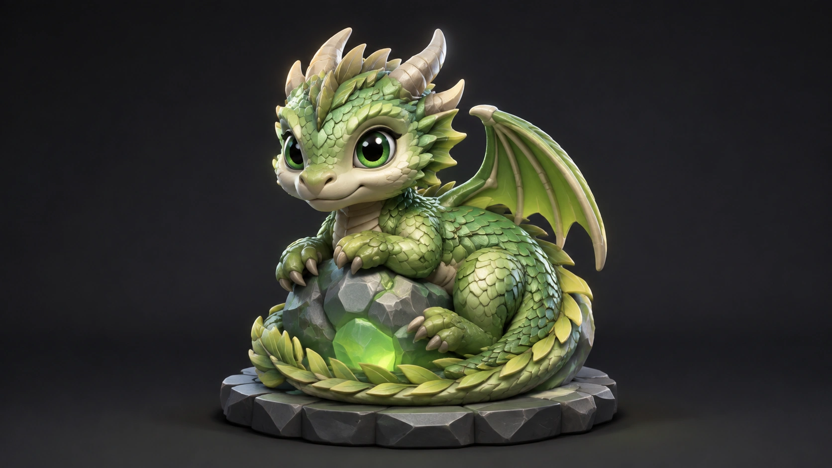 Friendly green dragon collectible curled around a faceted stone base