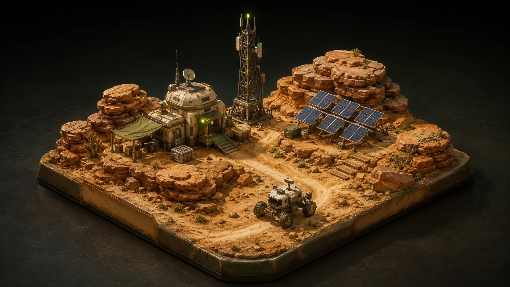 Miniature desert outpost diorama with a radio tower, solar panels, and rover