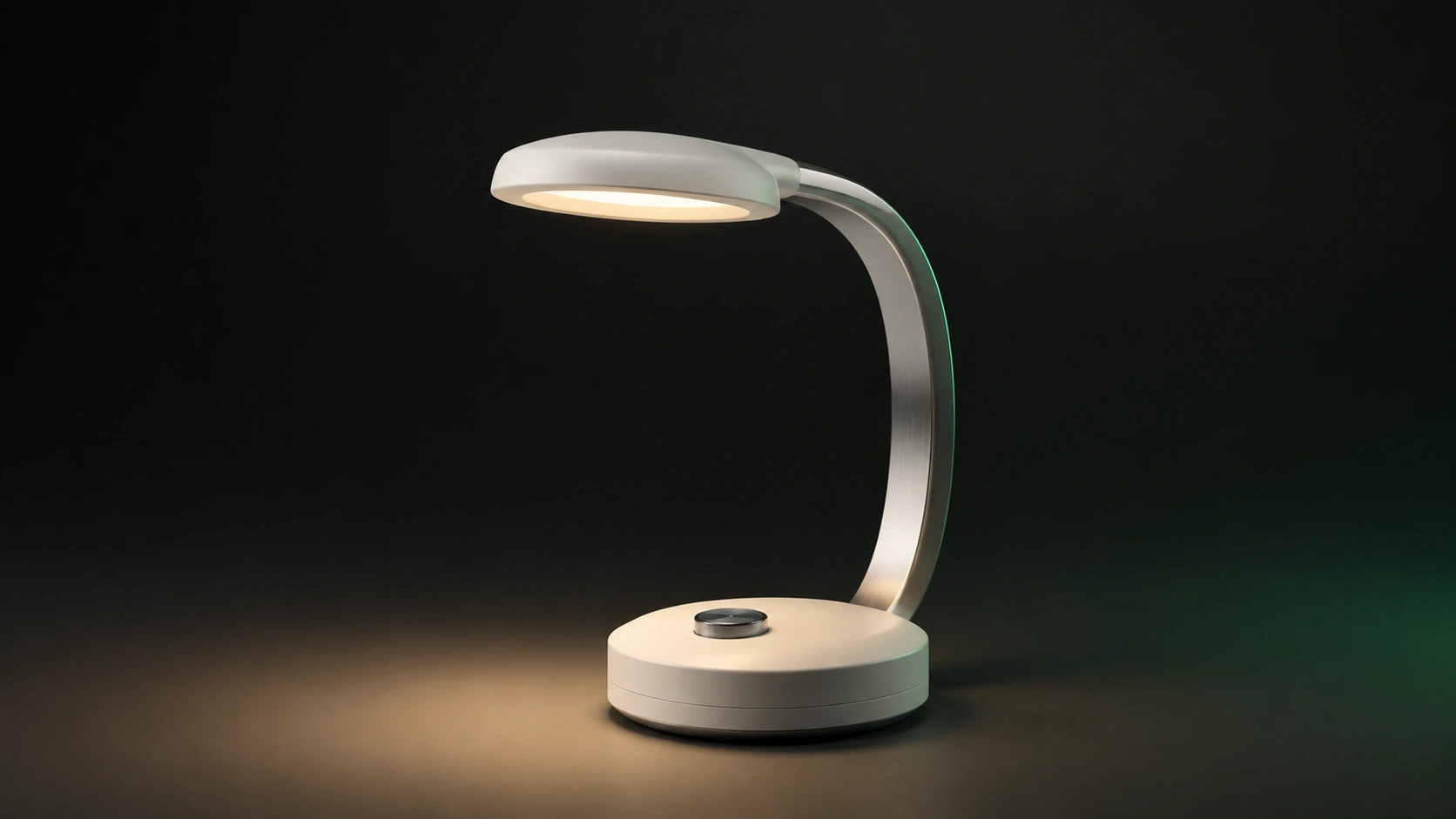 Minimal cordless desk lamp with a curved arm in a dark product studio