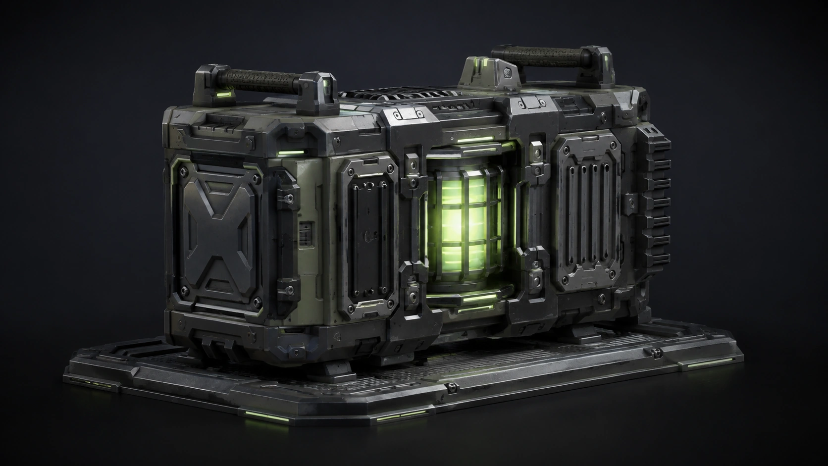Detailed modular sci-fi power cell prop with a glowing green core