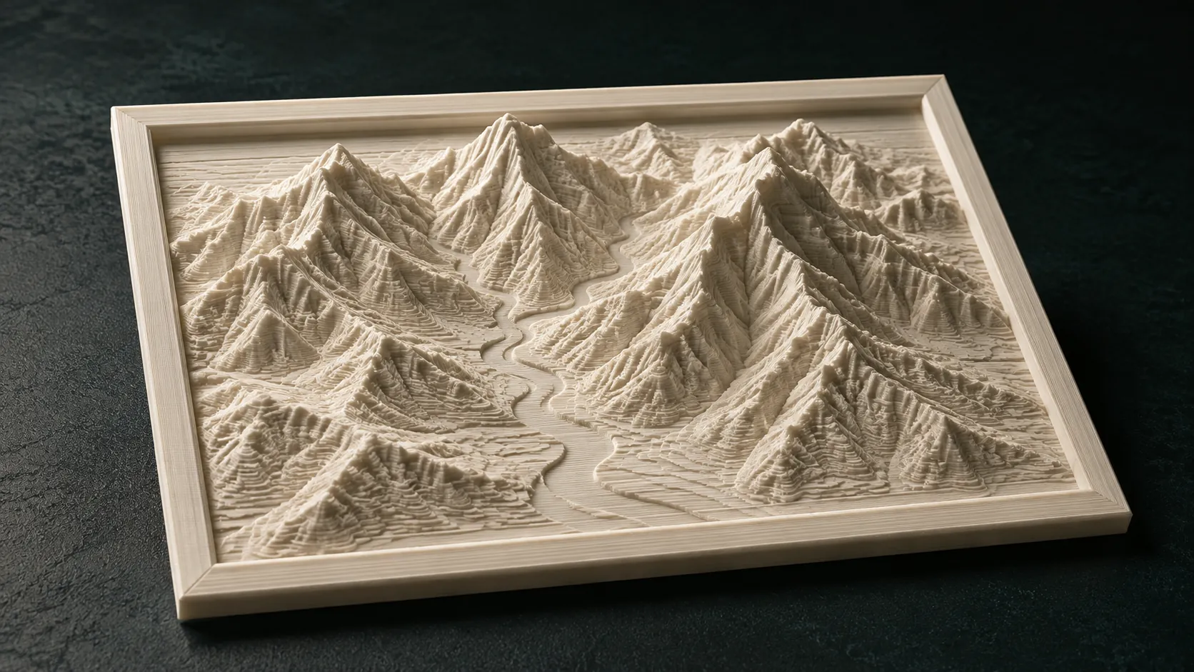 Ivory topographic mountain relief plaque with layered ridges and a river valley