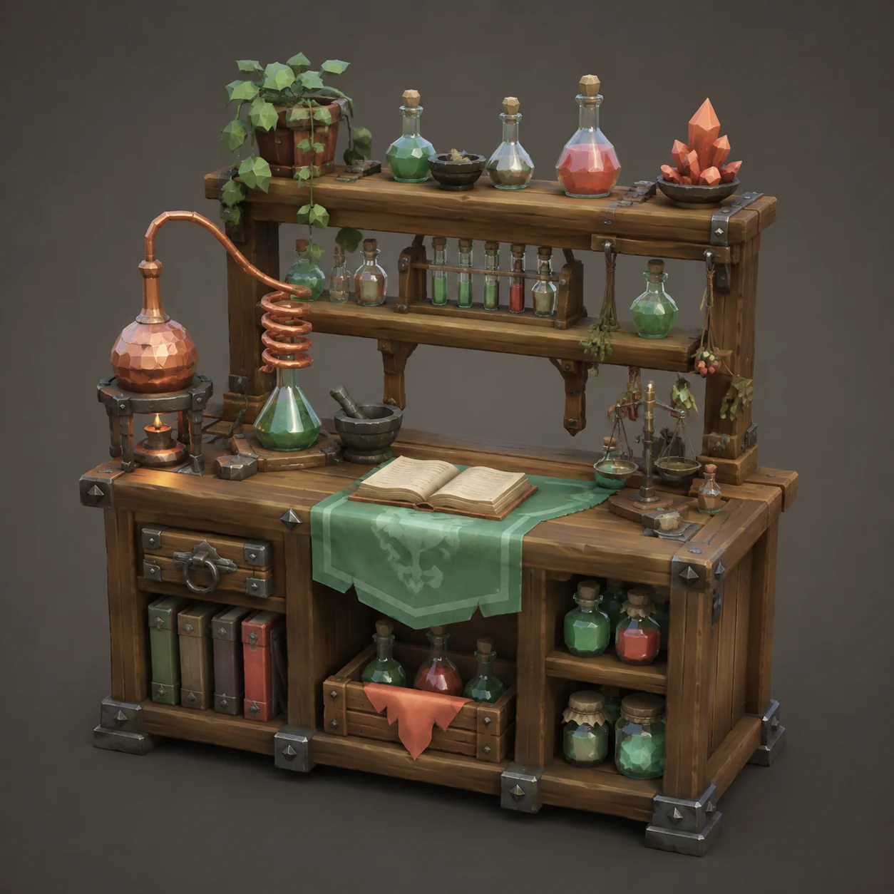 Stylized low-poly alchemist workbench game prop