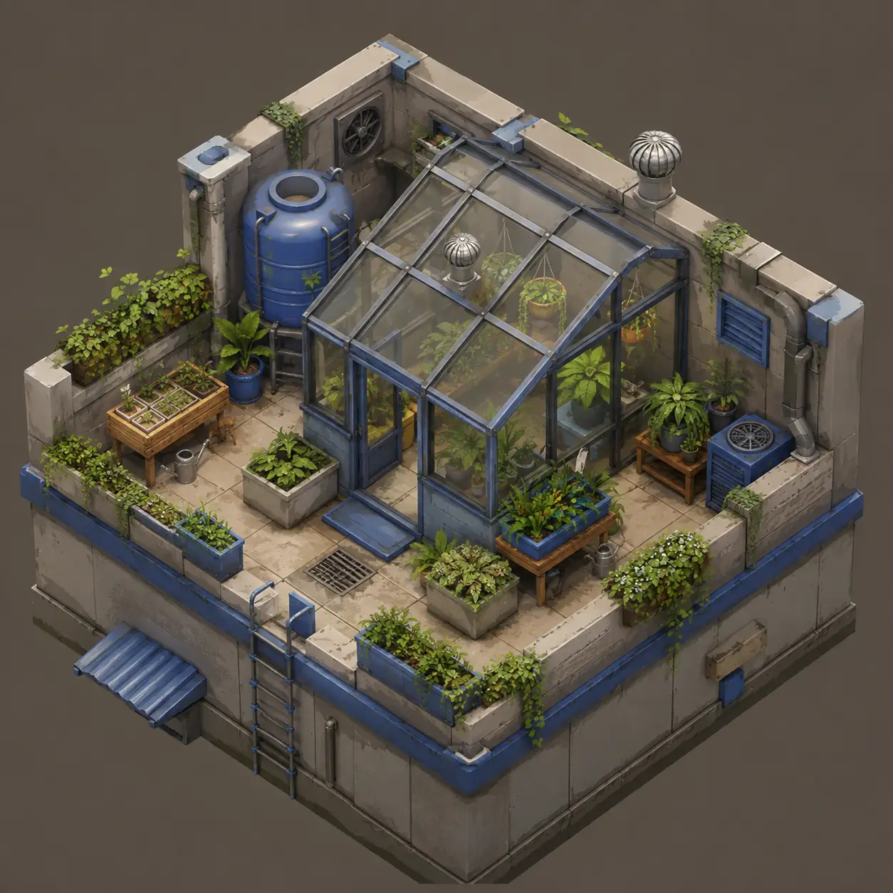 Isometric modular rooftop greenhouse environment asset