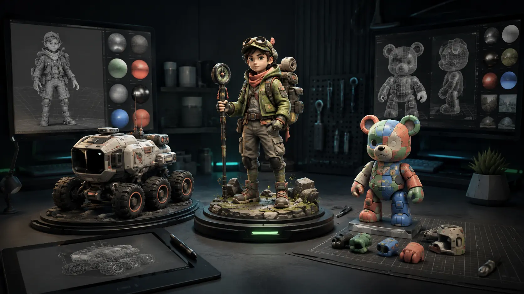 Character, rover, and printable robot models in an AI-assisted 3D creation studio