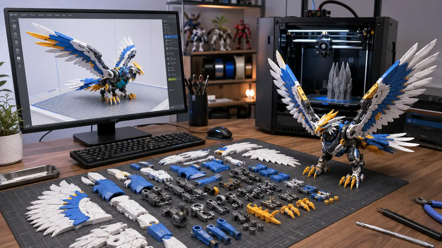 Mech-bird model moving from slicer preview to organized printed parts and an assembled collectible