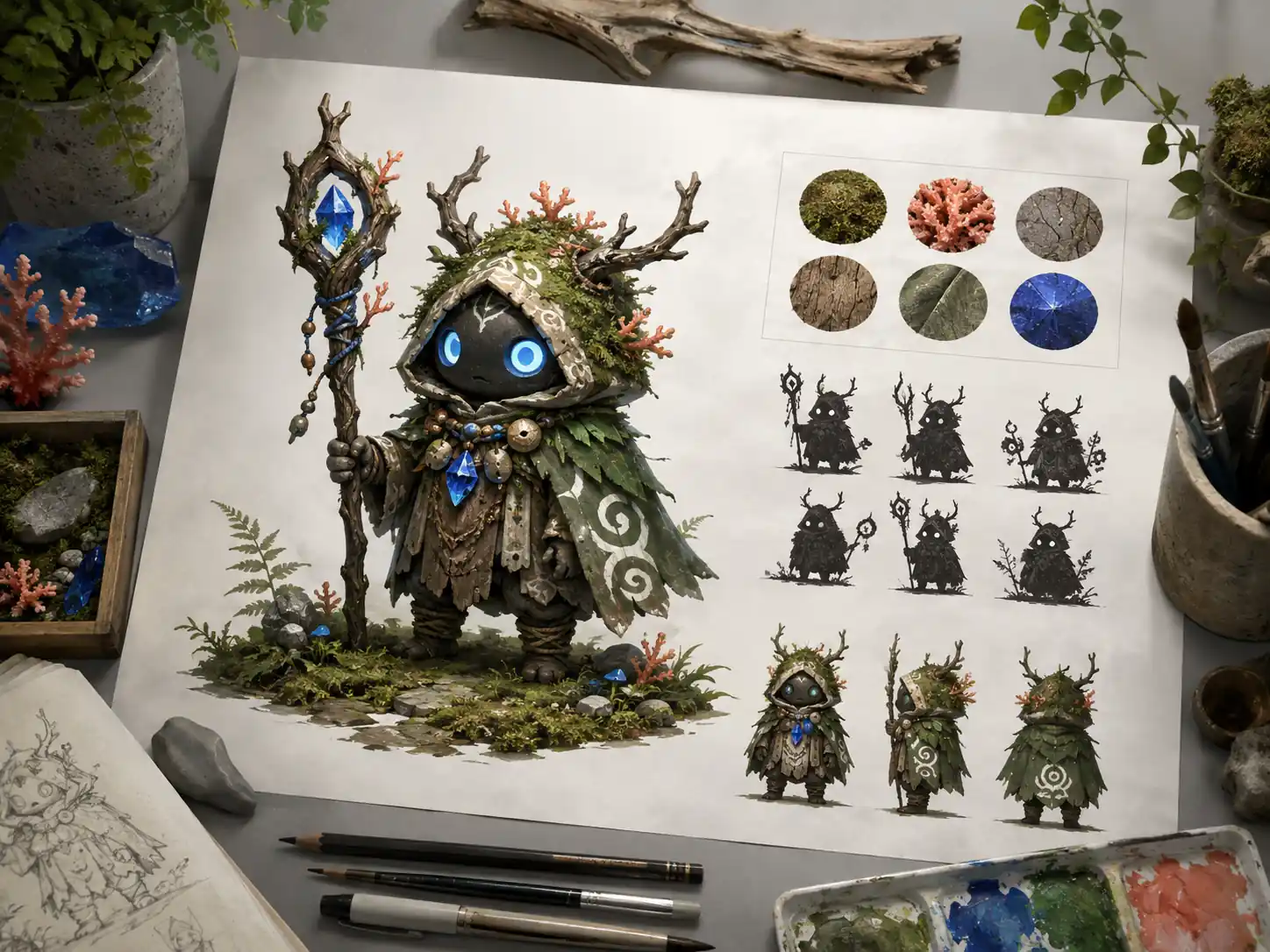 Concept board for a forest guardian character with silhouettes and material studies
