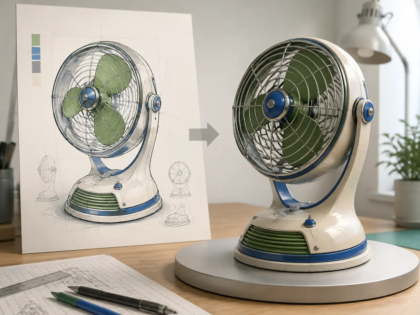 Retro desk fan concept image beside its finished textured 3D model