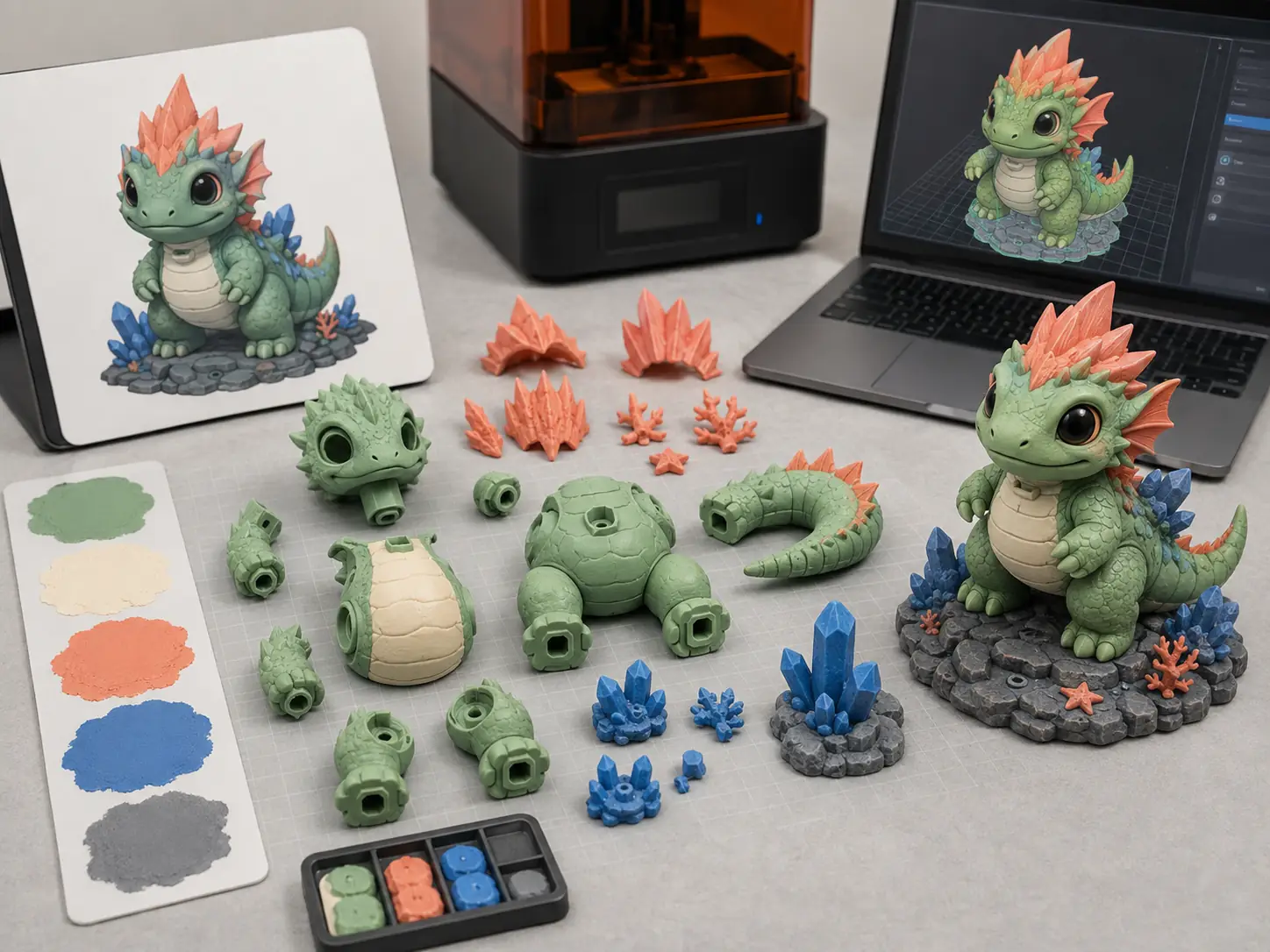 Creature collectible shown as printable parts, color regions, and an assembled model