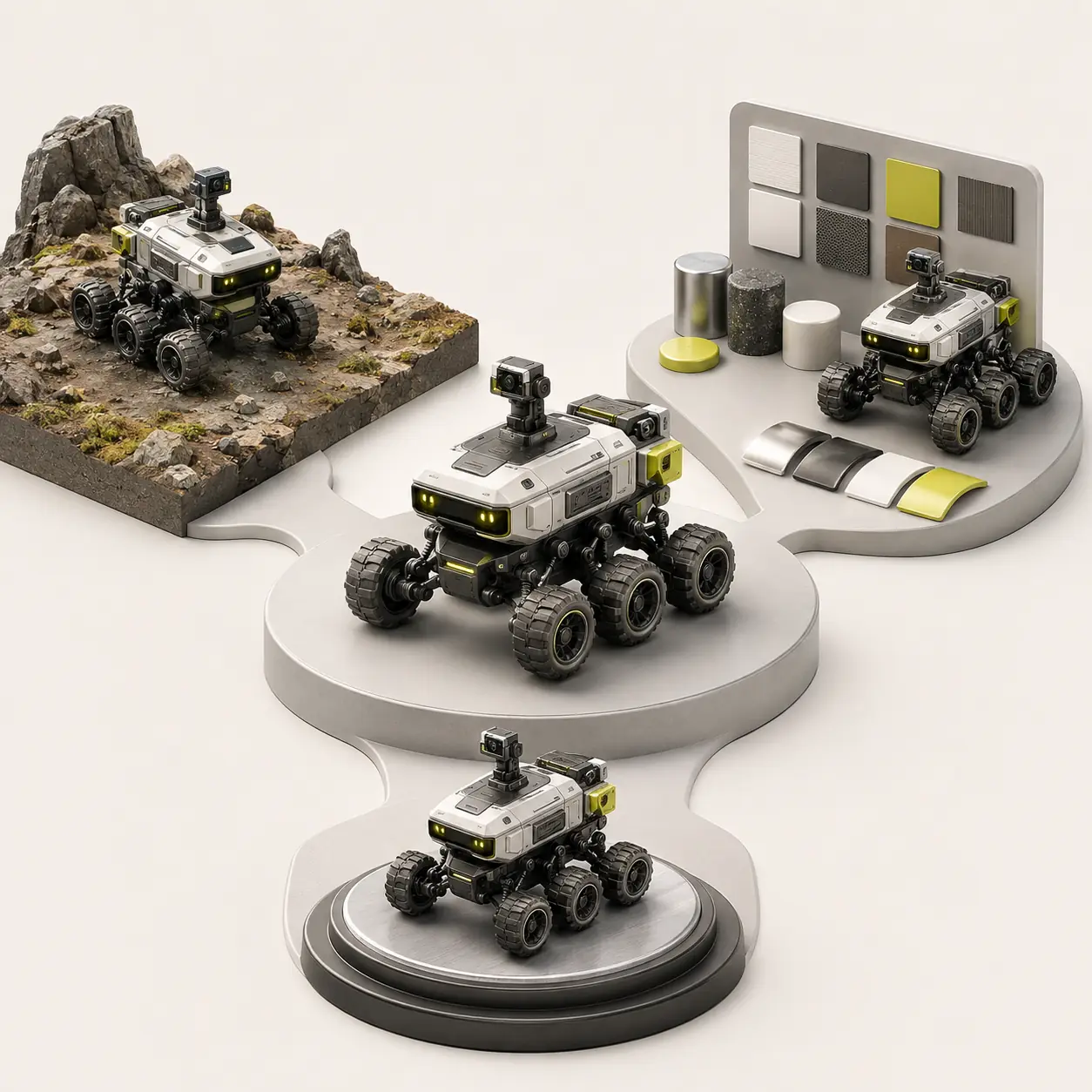 One rover 3D asset shown in a game scene, material study, and collectible display workflow