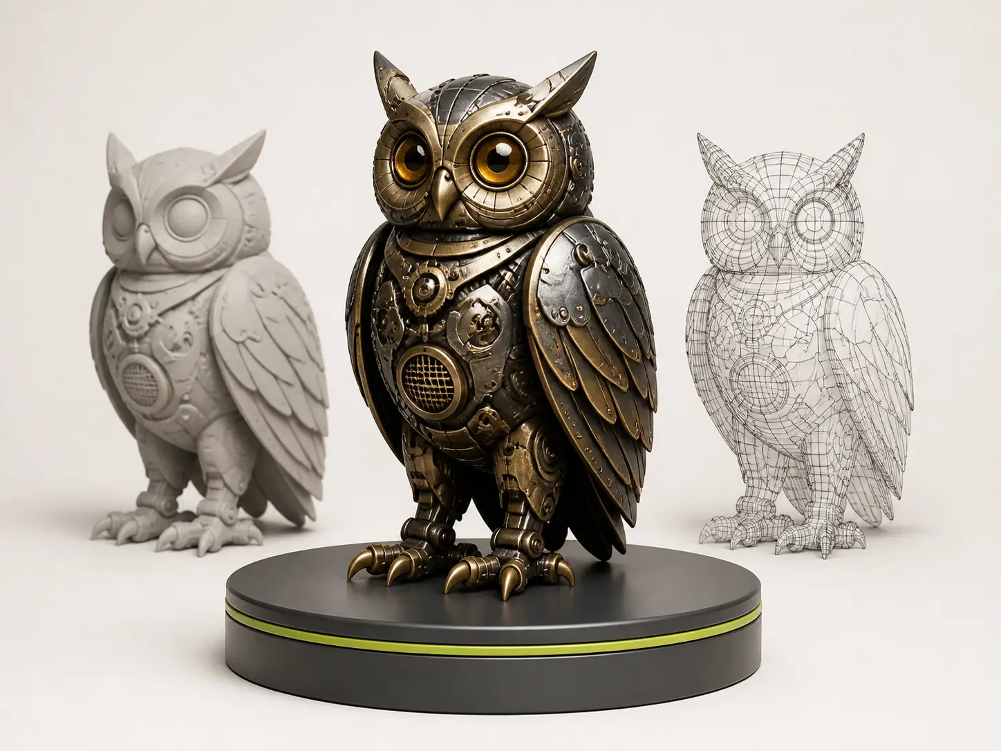 Textured, clay, and wireframe views of the same mechanical owl 3D asset