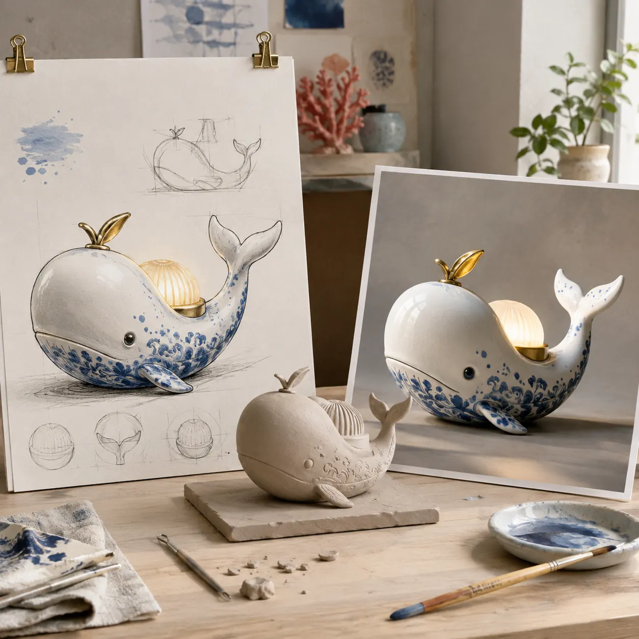 Mechanical whale lamp progressing from sketch prompt to finished concept image and 3D model